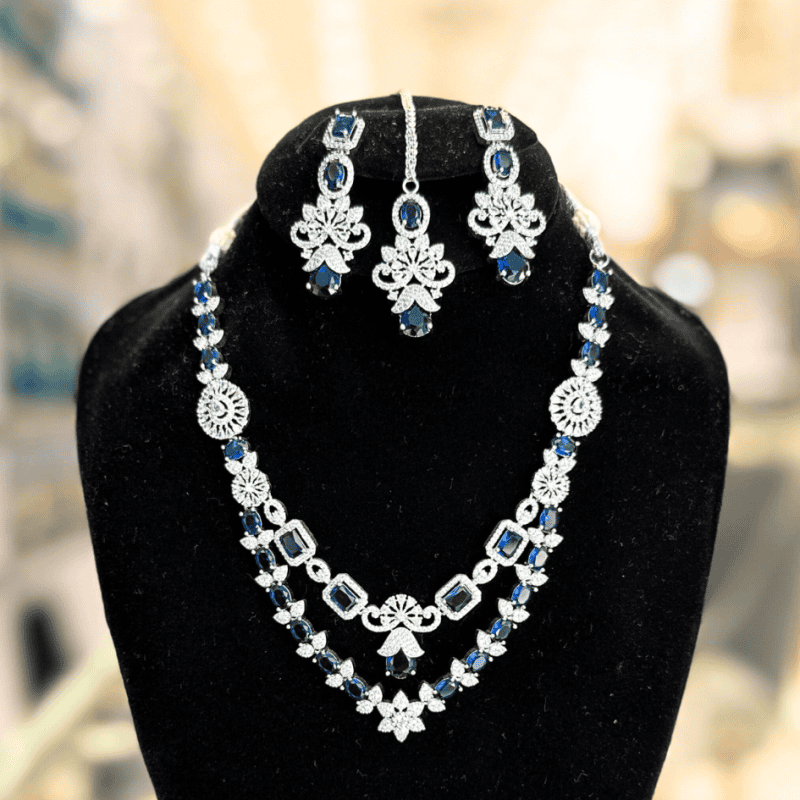Double Layer Royal Blue Zircon Bridal Set